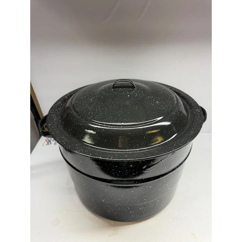 Granite Ware Black Speckled Enamel Canning Pot with Lid and Jar Rack Stockpot